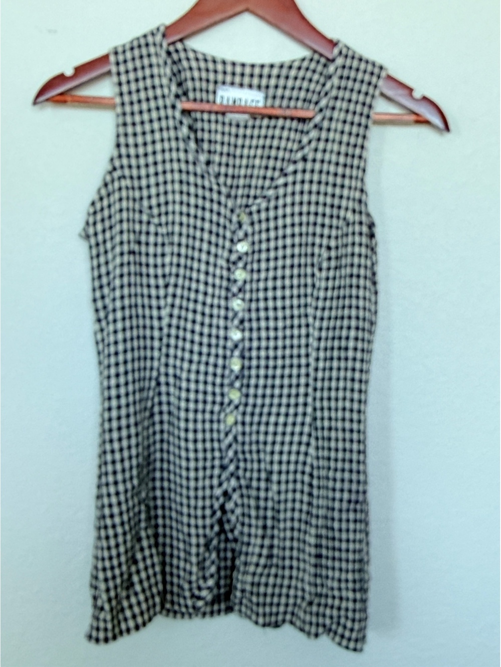 Vintage Rampage Gingham Sleeveless Blouse Black White Button Front Women’s M